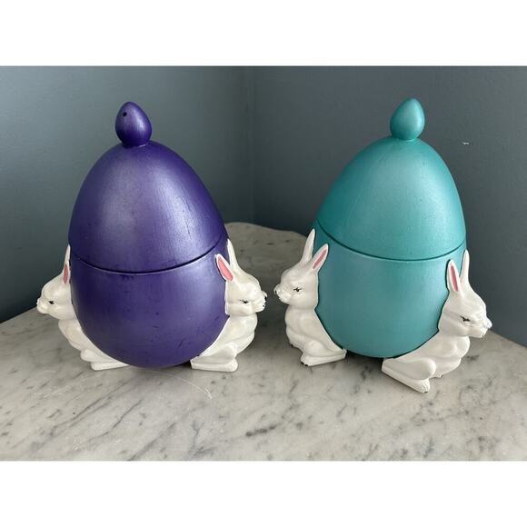 (2) 1960s Ceramic Easter Egg Candy Jar Hand Painted Bunnies Rabbits Purple Teal - Picture 10 of 16